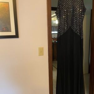 Black chiffon dress with gold sequins on bodice